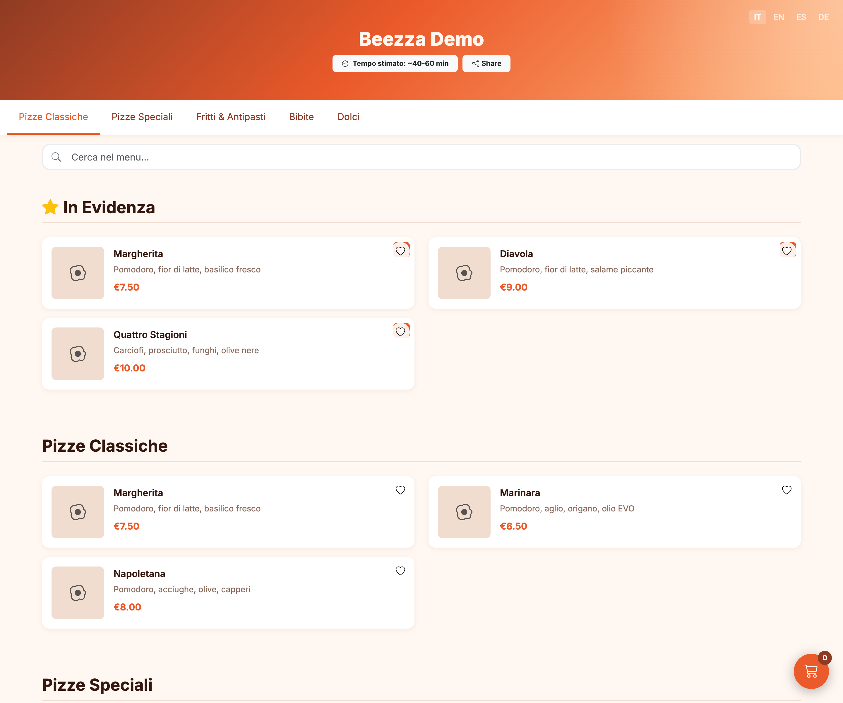 Screenshot reale della storefront demo Beezza
